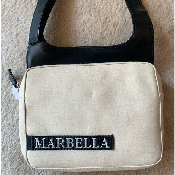 Vintage 90s Designer Marbella Cotton Shoulder Bag Leather Adjustable Strap - Picture 3 of 17